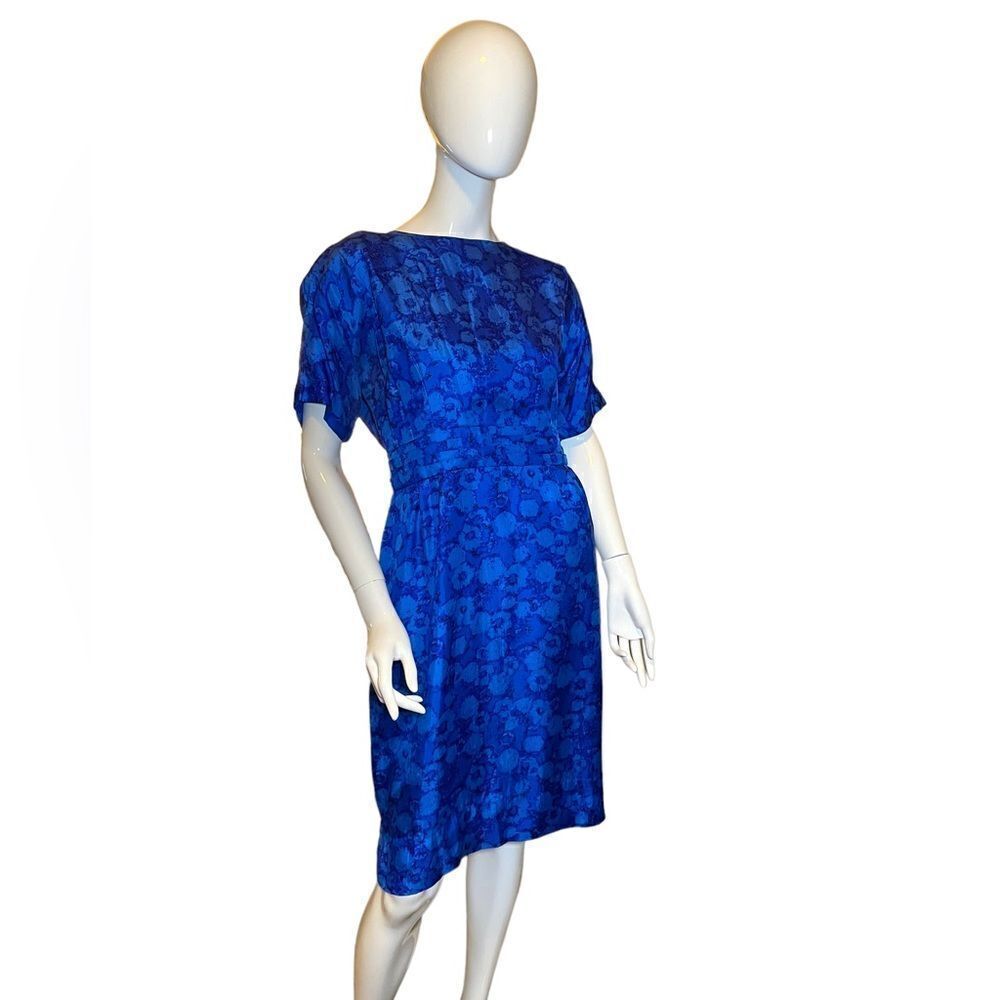 Vintage 1960s Floral Bateau Cocktail Dress Sapphire Blue Medium